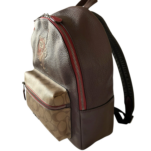 COACH Star Wars Ewok Medium Oxblood Brown Leather Canvas Charlie Backpack F88014 main image 7